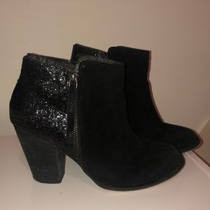 Black suede booties with sequin feature